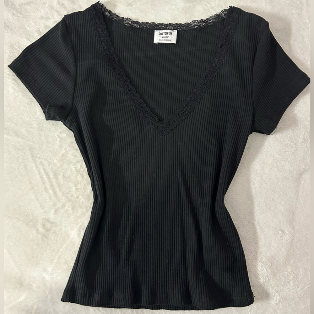 Cotton On Black Ribbed Fitted Short Sleeve Blouse
